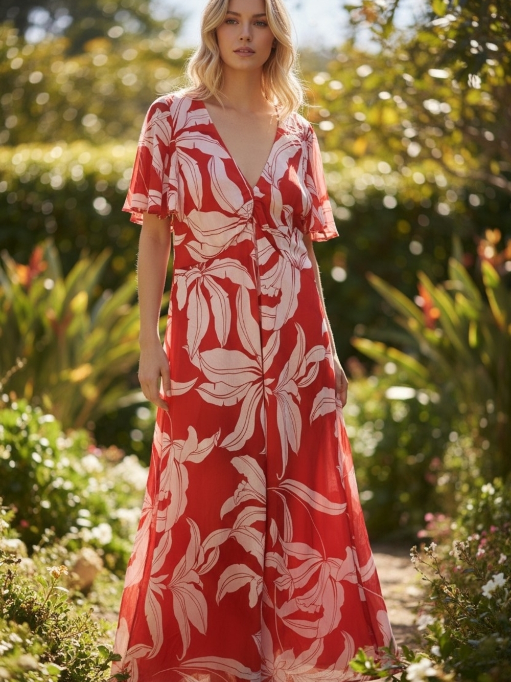 Parker  Red And Ivory  Color Botanical Flutter Sleeve Maxi Dress .    XL